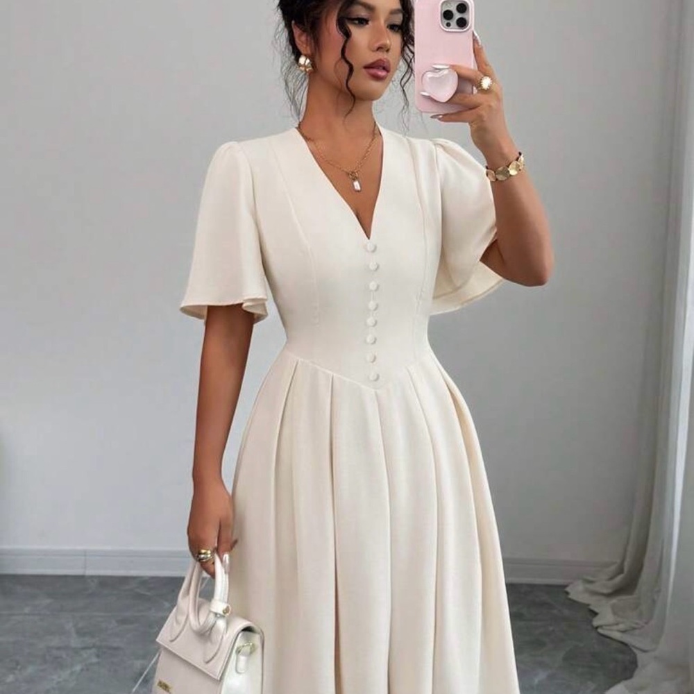 SHEIN Cream V-Neck Midi Dress with Button Front